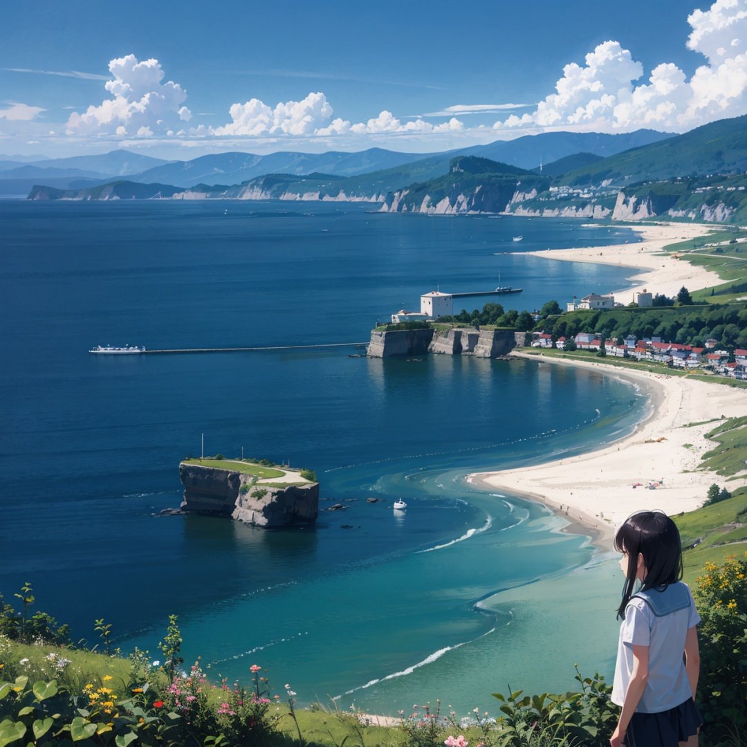 1girl,cute,landscape,summer,detailed sea