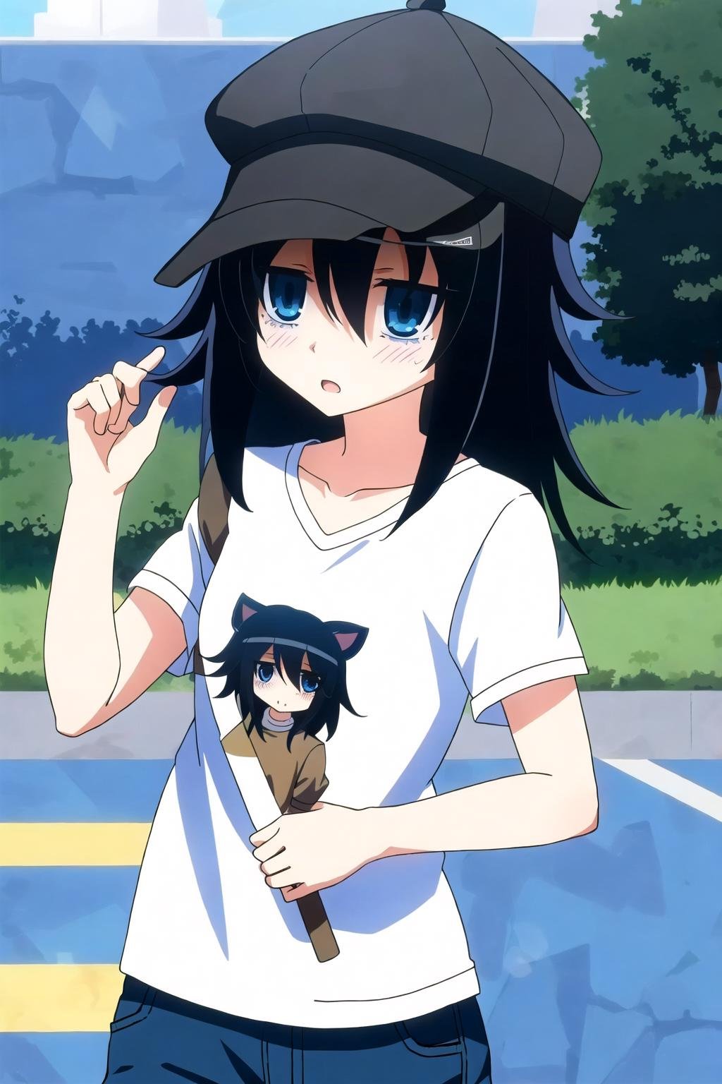 1girl, masterpice, high quality, best quality, good body, good hands and fingers, official art, (solo), <lora:tomoko_kuroki-09:0.7>, hair over one eye, bags under eyes, watamote, tomoko, casual clothes, strert, city, (NFSW:1.2), hat, 