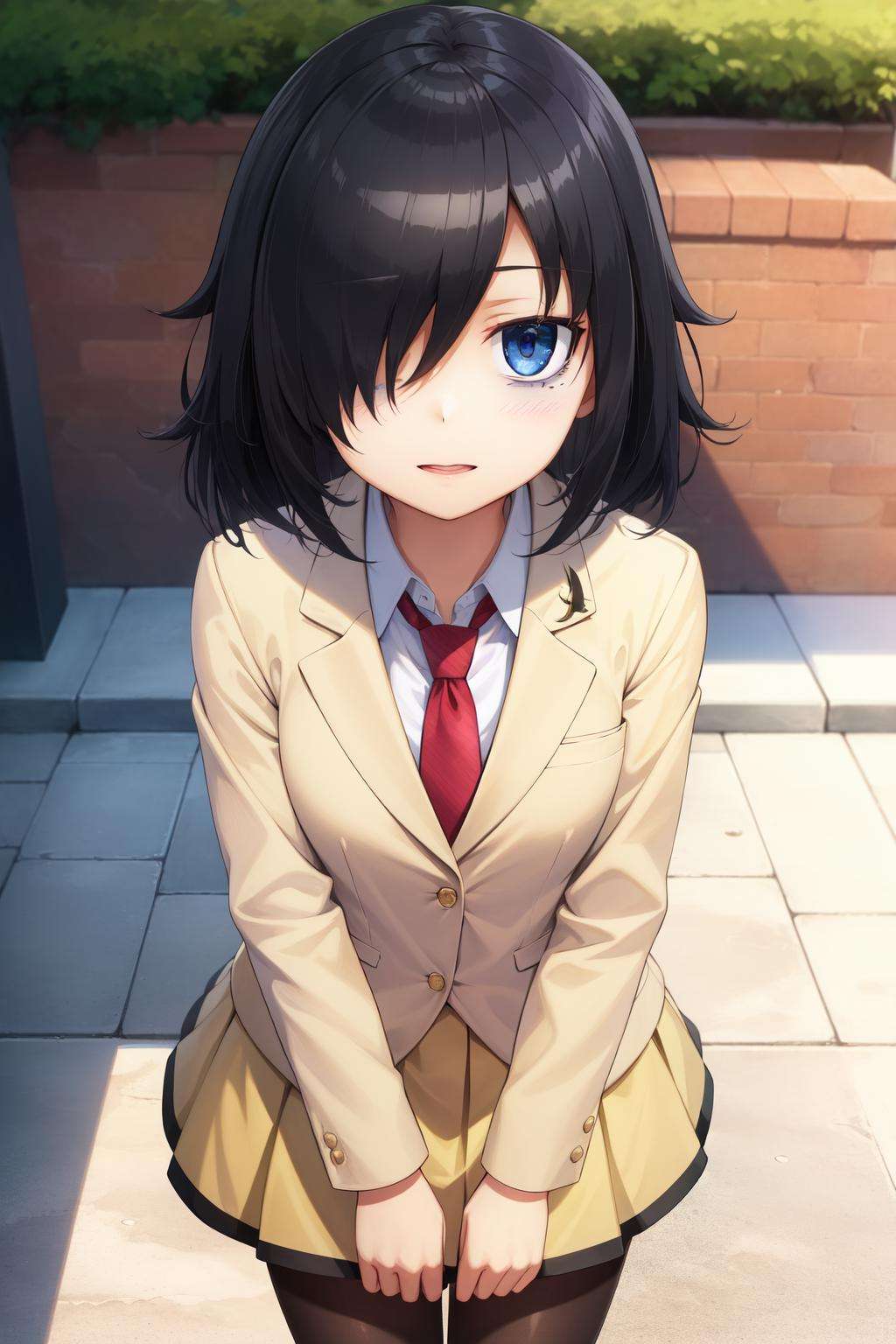 1girl, (masterpiece:1.3), (high resolution), (8K), (extremely detailed), (4k), (pixiv), perfect face, nice eyes and face, (best quality), (super detailed), detailed face and eyes, (solo), textured skin, <lora:tomoko_kuroki-08:0.7>, tomoko, hair over one eye, bags under eyes,black hair, school uniform, black pantyhose, red necktie, yellow skirt, pleated skirt, yellow jacket, standing, outdoors, looking at viewer, 