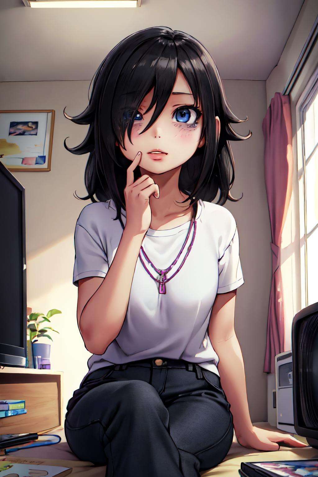 1girl, (masterpiece:1.3), (high resolution), (8K), (extremely detailed), (4k), (pixiv), perfect face, nice eyes and face, (best quality), (super detailed), detailed face and eyes, (solo), textured skin, <lora:tomoko_kuroki-08:0.7>, tomoko, hair over one eye, bags under eyes, black hair, indoors, sitting, room, television, large pants, sfw