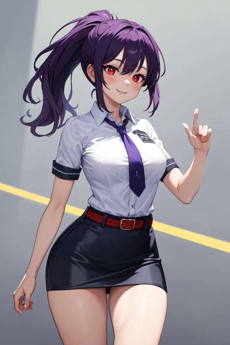 masterpiece, best quality, absurdres, perfect anatomy, 1girl, solo, Belted Skirt, collared shirt, necktie, short sleeves, purple hair, ponytail, red eyes, smile, <lora:BeltedSkirt:1>