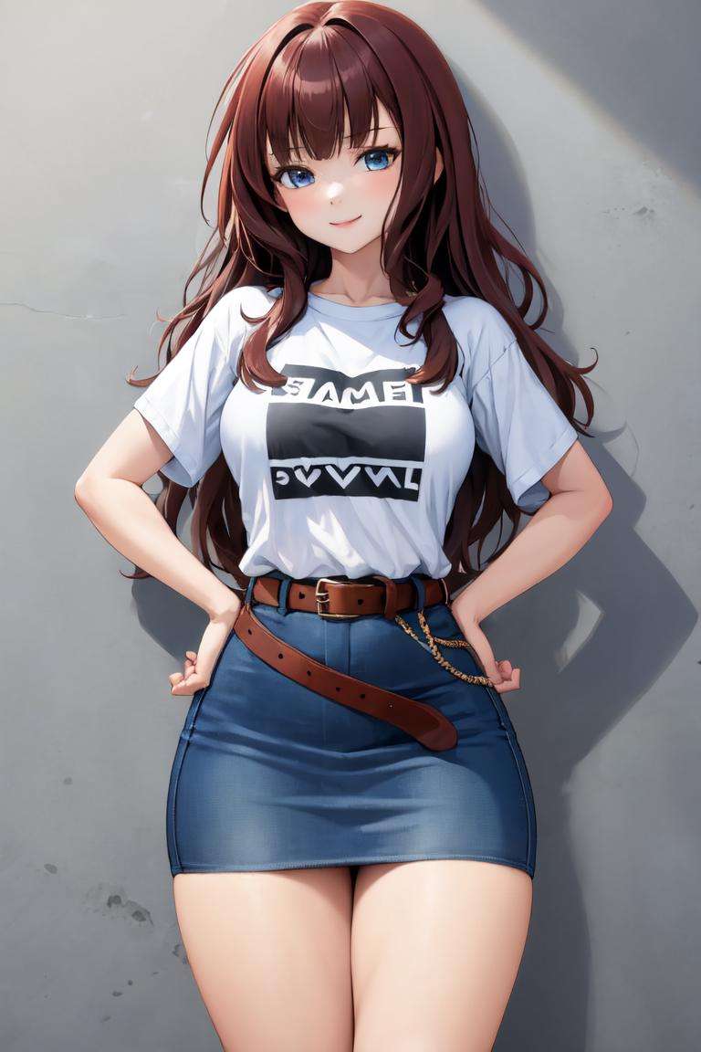 masterpiece, best quality, absurdres, perfect anatomy, 1girl, solo, KaedeJohanNouvel, long hair, Belted Skirt, denim skirt, t-shirt, smile, hands on hips, <lora:BeltedSkirt:1>, <lora:KaedeJohanNouvel:1>