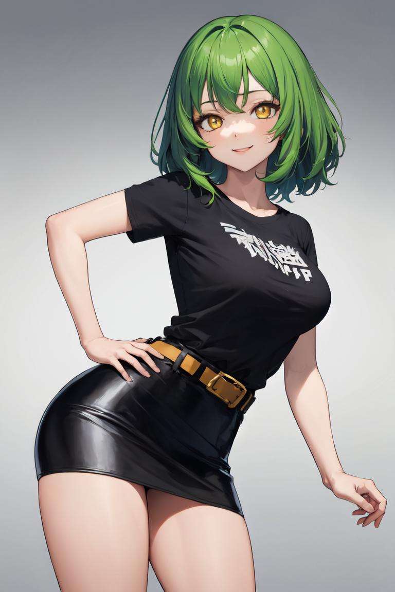 masterpiece, best quality, absurdres, perfect anatomy, 1girl, solo, Belted Skirt, t-shirt, green hair, medium hair, yellow eyes, medium breasts, smile, <lora:BeltedSkirt:1>