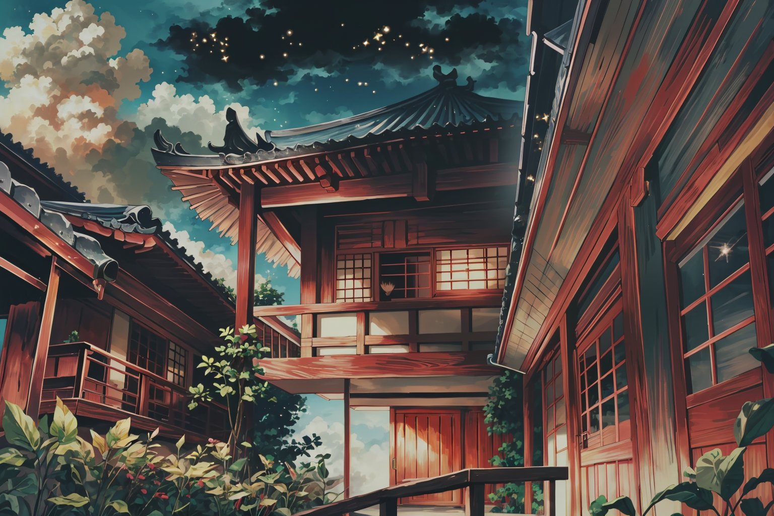 (Masterpiece, Best Quality:1.2), highres, official art, Ninjascroll, (Traditional media), 90's anime style, (ultra-detailed landscape), ((8k resolution wallpaper)), fantasy setting, (full angle view:1.2), (no humans:1.3), (anime screen:1.1), cinemascope aspect ratio, HDR, black background:0.4, ((bloom:1.1)), glow:0.5, bokeh:0.4, (night sky, night, dark:1.3), (perfect shadows), fantasy, (gradients), floating particles, gorgeous, dynamic, [extremely detailed background], (textured), nature, (scenery),[flowers:0.6], east asian architecture, wooden floor, (cinematic lighting:1.1), film grain:0.6, ( Fujifilm XT3 ), water, inverted reflection, wind, (atmosphere),  bamboo forest in background mist, (indoors, dark room:1.3), sharp focus, volumetric lighting, 85mm, (shallow depth of field), intricate, (details:1.2), perfect composition:1.1,  <lora:NinjaScroll-10:0.8>,  <lora:epiNoiseoffset_v2:0.4>