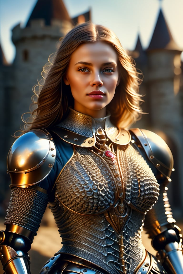 (masterpiece), (extremely intricate), (realistic), portrait of a girl, the most beautiful in the world, (medieval armor), metal reflections, upper body, outdoors, intense sunlight, far away castle, professional photograph of a stunning woman detailed, sharp focus, dramatic, award winning, cinematic lighting, , volumetrics dtx, (film grain, blurry background, blurry foreground, bokeh, depth of field, sunset,interaction, Perfect chainmail)  