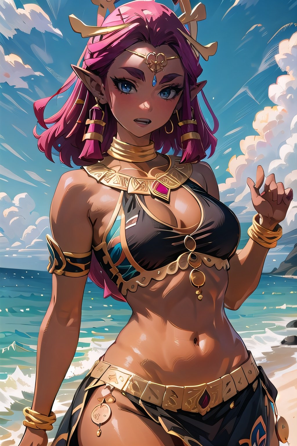 GAME_Gerudo_riju_aiwaifu69,dark skin,dark-skinned female,jewelry,hair ornament, pointy ears,red hair,green eyes,bracelet,makeup,navel,armlet,circlet,midriff,hair ornament,thick eyebrows,skirt,long hair,bare shoulders,lipstick,earrings,blue lips,blue eyes,neck ring,braid,thighs,very long hair,medium breasts,abs,toned,muscular female,anklet,crop top,pelvic curtain,gold,lips,cleavage,black skirt,eyeshadow,necklace,forehead jewel,low-tied long hair,thighlet,ring,black bikini,masterpiece,best quality,ultra detailed, 8k, cinematic light,highly detailed, scenery,pose,solo,looking at viewer,,