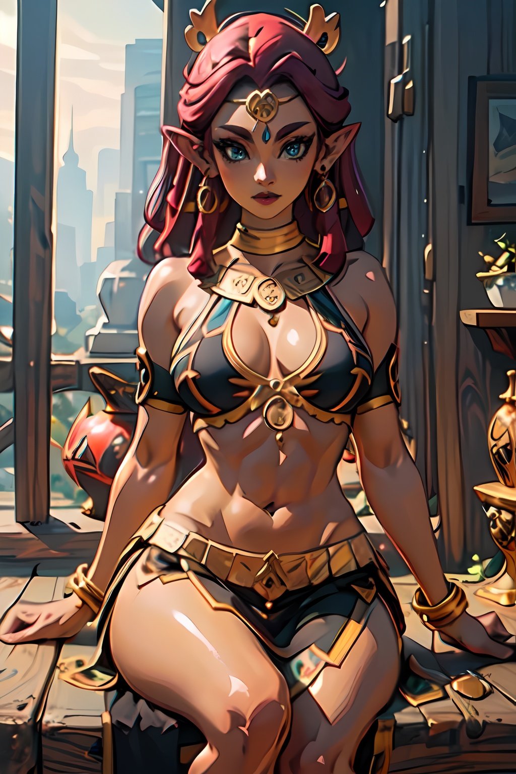 GAME_Gerudo_riju_aiwaifu69,dark skin,dark-skinned female,jewelry,hair ornament, pointy ears,red hair,green eyes,bracelet,makeup,navel,armlet,circlet,midriff,hair ornament,thick eyebrows,skirt,long hair,bare shoulders,lipstick,earrings,blue lips,blue eyes,neck ring,braid,thighs,very long hair,medium breasts,abs,toned,muscular female,anklet,crop top,pelvic curtain,gold,lips,cleavage,black skirt,eyeshadow,necklace,forehead jewel,low-tied long hair,thighlet,ring,black bikini,masterpiece,best quality,ultra detailed, 8k, cinematic light,highly detailed, scenery,pose,solo,looking at viewer,