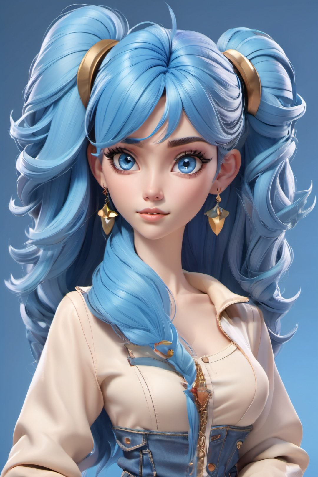  3d toon style, 1girl, solo, long hair, jewelry, earrings, jacket, pants, blue hair, blue eyes, denim, breasts, very long hair, tiara, looking at viewer, hairband, blue background, shirt, necklace, open clothes, lips, cowboy shot, bangs