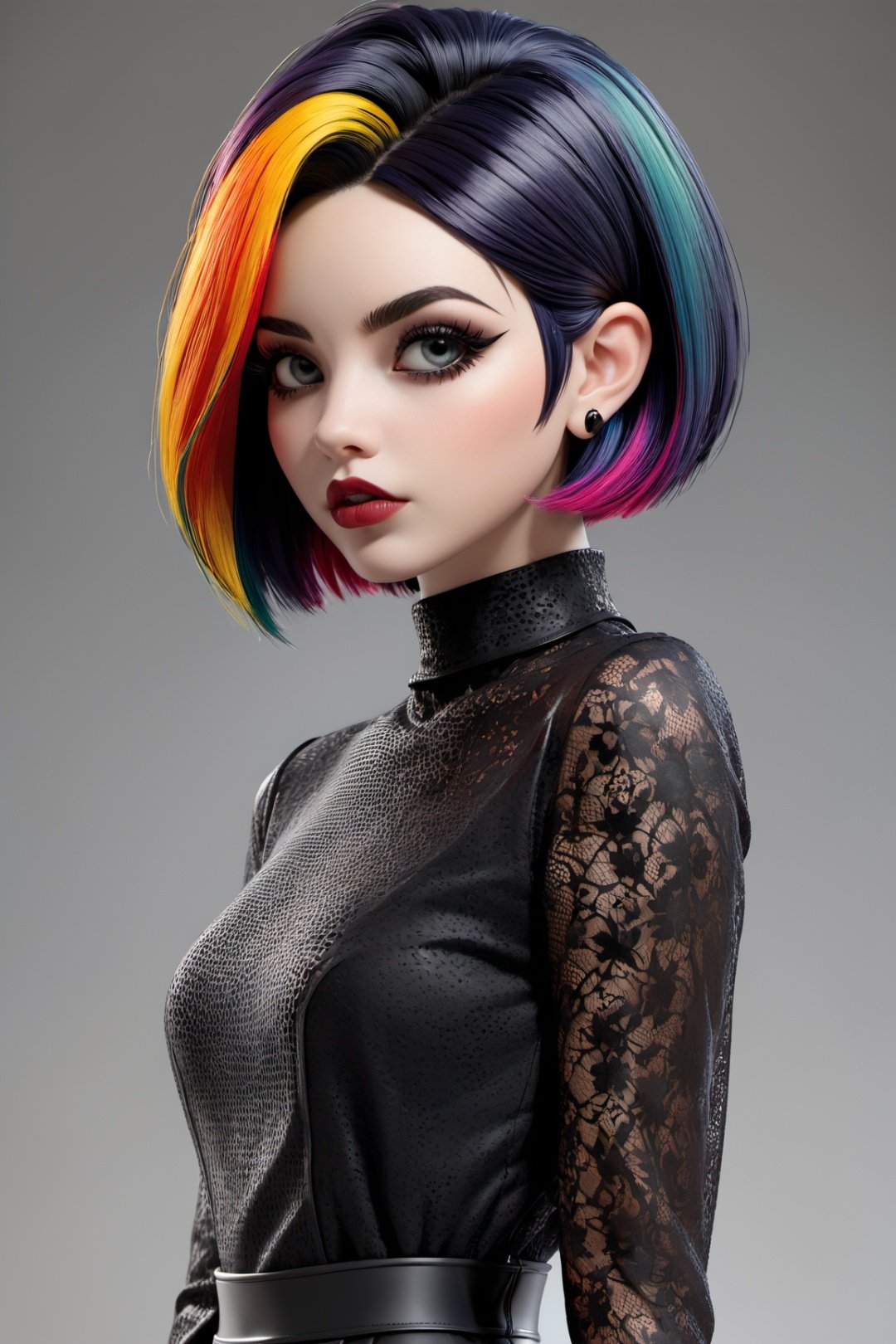 3d toon style,1girl,solo, upper body,looking at viewer, white background, bob cut, short hair, multicolored hair, makeup , parted lips, black lips, eyeliner, gothic, goth girl