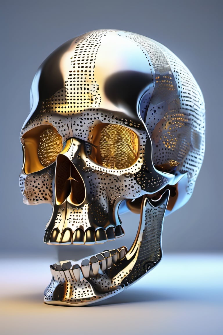  3d toon style, human skull, perforated metal, volumetric light, tube
