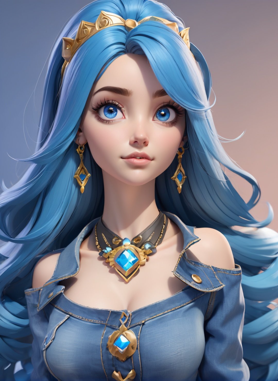 <lora:3d_toon_xl:1> 3d toon style, 1girl, solo, long hair, jewelry, earrings, jacket, pants, blue hair, blue eyes, denim, breasts, very long hair, tiara, looking at viewer, hairband, blue background, shirt, necklace, open clothes, lips, cowboy shot, bangs