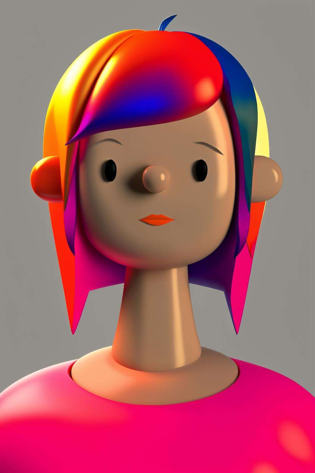 a woman with bright colored hair and a bright orange shirt ,  toy_face