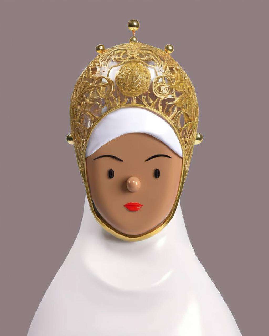 a woman wearing a white head scarf and a gold headpiece , toy_face<lora:toy_face_sdxl:1.0>