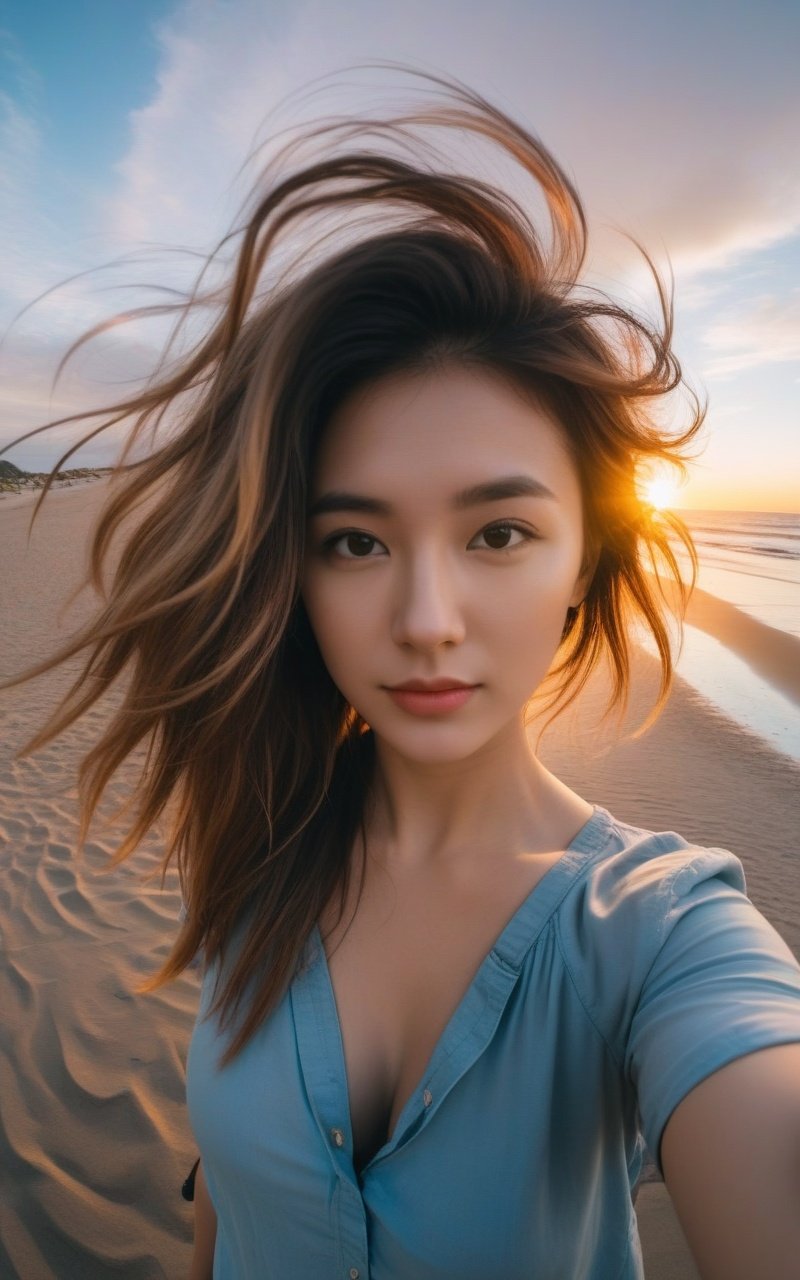a woman takes a fisheye selfie on a beach at sunset,the wind blowing through her messy hair. The sea stretches out behind her,creating a stunning aesthetic and atmosphere with a rating of 1.2.,