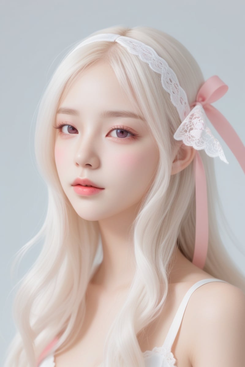 Beautiful girl, long white hair, white clothes, handsome face, fair skin,(((A lace ribbon covers both eyes))),pink silk eye mask covering the eyes, close up, side view, minimalist and dreamy flat illustrations, bright and soft colors,1girl,candy-coated