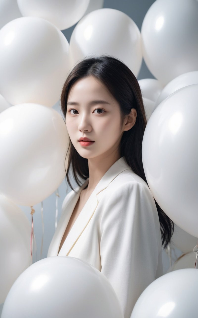 (((looks like liu yifei))),a cinematic fashion portrait photo of beautiful young woman from the 2020s wearing  standing in the middle of a ton of white balloons,dramatic lighting,taken on a hasselblad medium format camera,white balloon,