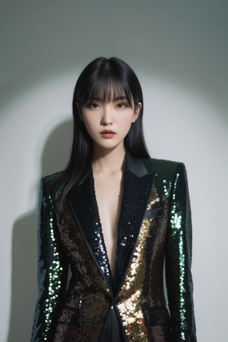lovecraftian horror, eldritch, cosmic horror, unknown, mysterious, surreal, highly detailed, Fujifilm FP-100C, Tom Ford sequin-embellished tuxedo jacket with satin lapels, positive space composition, Rick Owens (瑞克·欧文斯), girl, 1girl, solo
