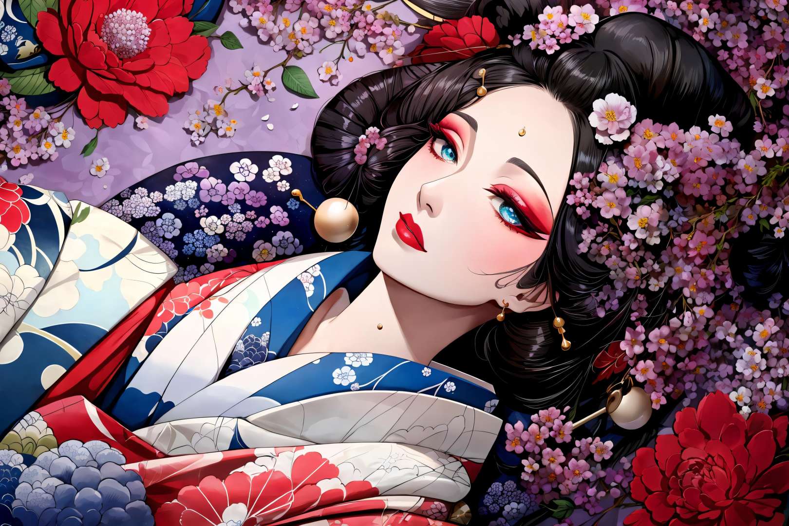 <lora:Oiran-10:0.7>, (Masterpiece, Best Quality:1.3), (thick lineart), (faux traditional media), highres, official art, best illustration, (8k resolution), 1girl, mature female, solo, japanese clothes, from above, breasts, obi, stylish, intricate, fantastic, fairytale, fantasy art, (detailed face),  lying on a bed of flowers, on back, (lovely eyes, looking at viewer, lipstick), depth of field, silhouette, perfect, makeup, lovely, (details:1.2), camellia, various colors, vivid, colorful, shiny, sky, stars, lumen global illumination, (background in the style of Hokusai Katsushika:1.3), water, ripples 