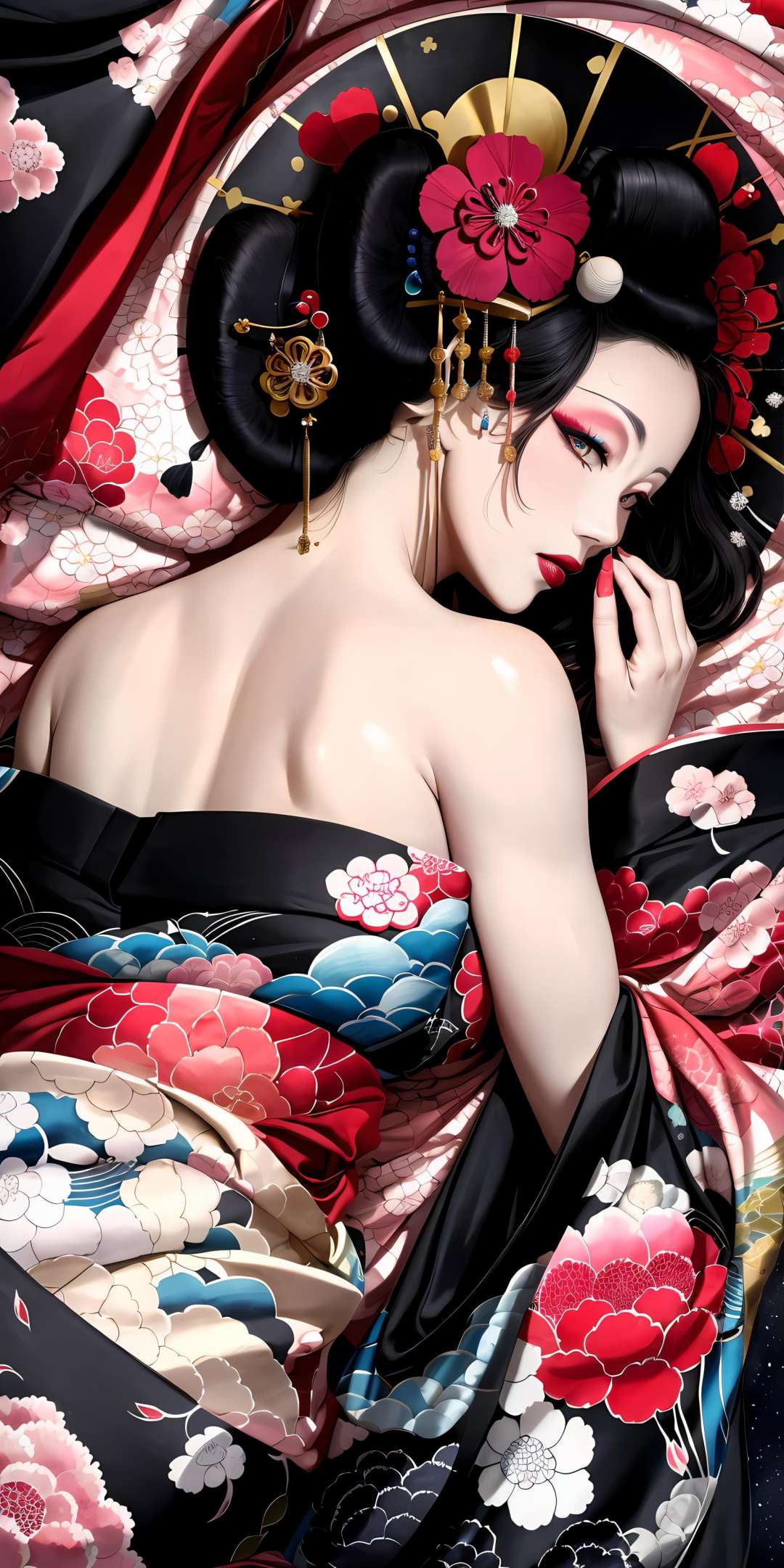 <lora:Oiran-10:0.7>, (Masterpiece, Best Quality:1.3), (thick lineart), (faux traditional media), highres, official art, best illustration, (8k resolution), oiran, 1girl, mature female, solo, japanese clothes, from above, breasts, obi, stylish, intricate, fantastic, fairytale, fantasy art, (detailed face),  lying on a bed of flowers, on back, (lovely eyes, looking at viewer, lipstick), depth of field, silhouette, perfect, makeup, lovely, (details:1.2), camellia, various colors, vivid, colorful, shiny, sky, stars, lumen global illumination, (background in the style of Hokusai Katsushika:1.3), water, ripples 