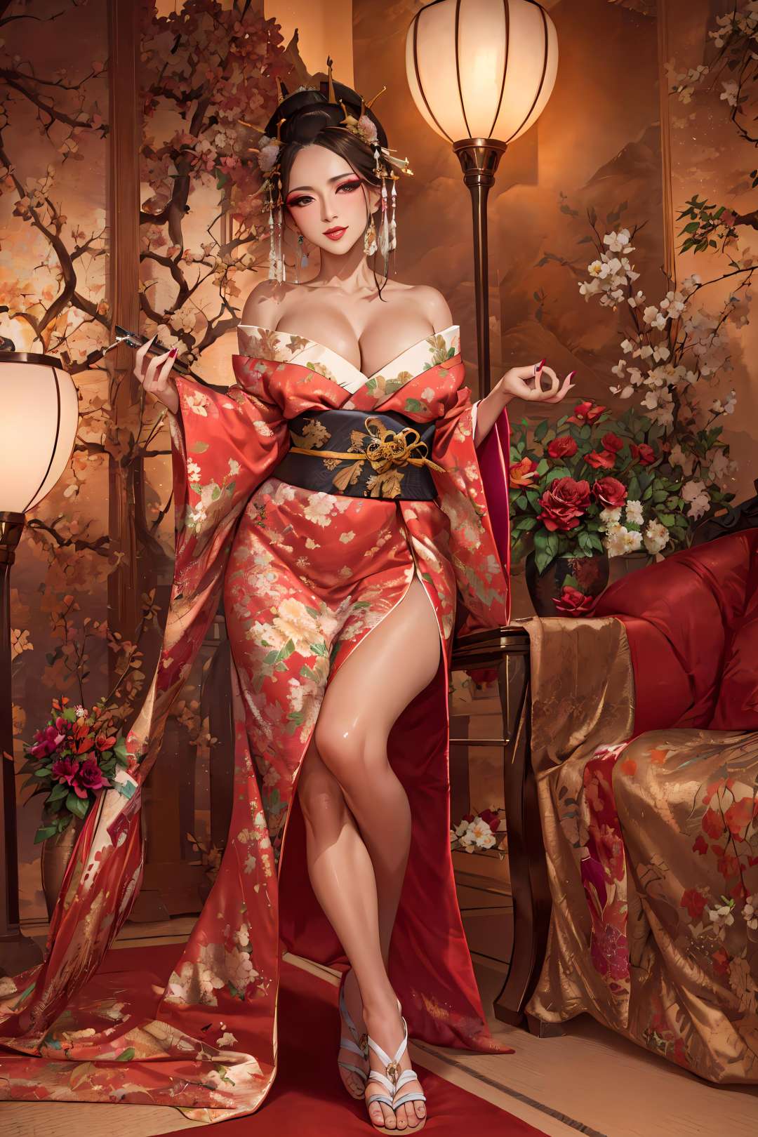 <lora:Oiran-10:0.8>, (Masterpiece, Best Quality:1.3), highres, (Traditional media), 2d, manga, fantasy, oiran, cowboy shot, (ultra-detailed), highly detailed portrait of a beautiful queen, sitting, pose, curvy, (1girl), ((lips)), mature female, seductive, elegant, stylish, sultry, sexy, grin, looking at viewer, (japanese clothes), kimono, off shoulder, wide sleeves, (kanzashi), (holding folding fan:1.2), nail polish, flowers, geisha, makeup, (detailed eyes:1.2), focus face, print kimono, sash, cinematic, dynamic posture, wide shot, dramatic lighting:1.1, vivid, (gradients), sandals, nature, (perfect face), (oil-paper umbrella in background, perfect symmetry), sharp focus, warmth, light particles, (depth of field), (intricate details:1.2), (extremely detailed background), east asian architecture, soft glow:0.7. (colorful)