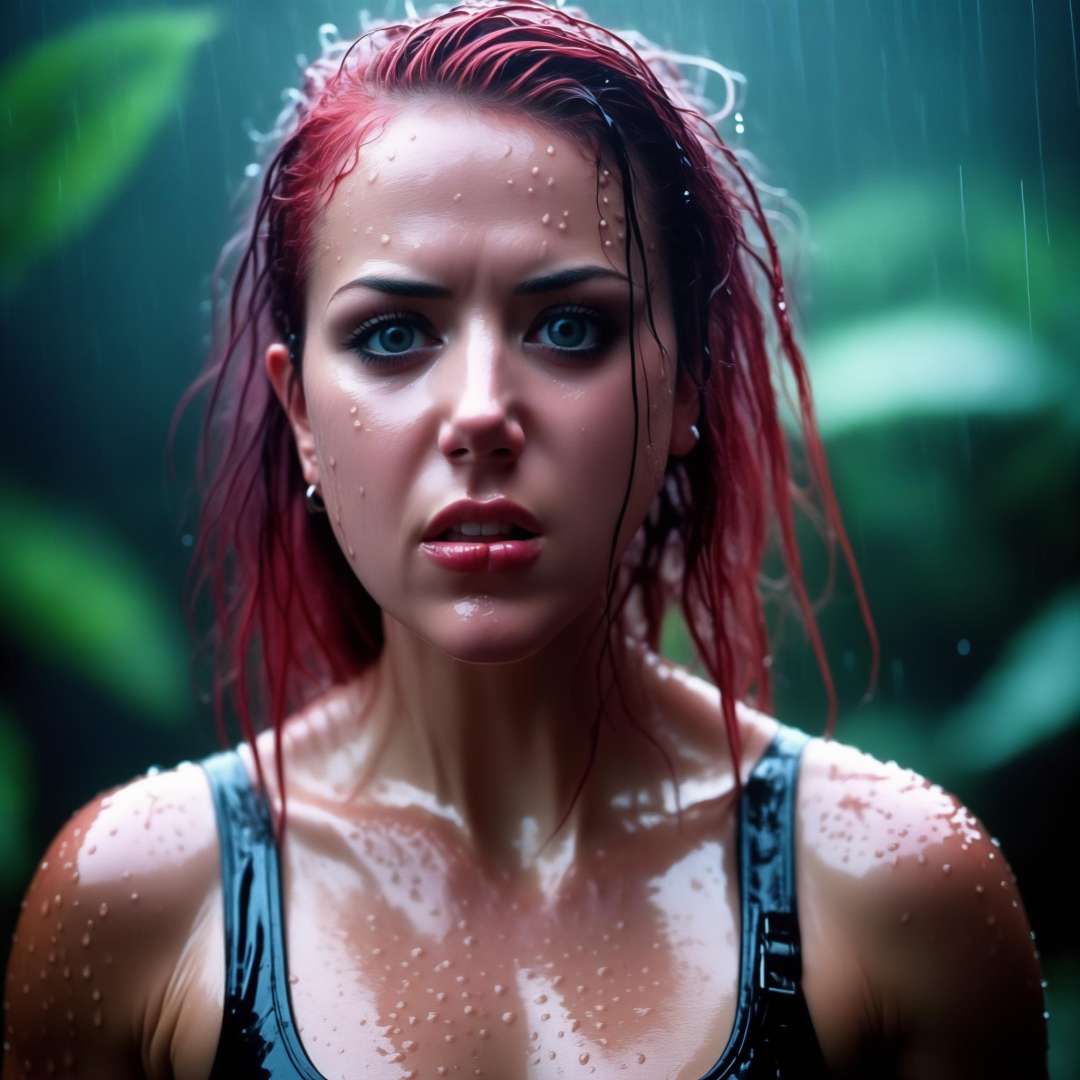 AlissaWhiteGluzQuiron woman in the rain, messy (wet:0.7) hair, intense expression, piercing gaze, (glistening wet skin:0.9), athletic pose, (nikon f4, 50mm f1.2, Fujichrome Velvia 50, bokeh), (ominous jungle , ambient light, volumetric light, god rays:1.2), (big  breasts), wearing (wet:0.8) (sexy bdsm outfit), (camera focused on eyes:1.1),<lora:SDXL1.0_quiron_AlissaWhiteGluz_v6.p:0.97>