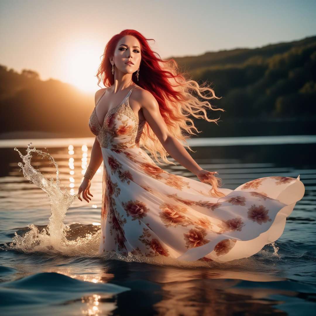 breathtaking, dynamic position, AlissaWhiteGluzQuiron woman,abs, big breasts, in a light floral dress, feet in the water, hair in the wind, long hair, golden hourVolumetriclight . 35mm photograph, film, bokeh, professional, 4k, highly detailed <lora:SDXL1.0_quiron_AlissaWhiteGluz_v6.p:1>