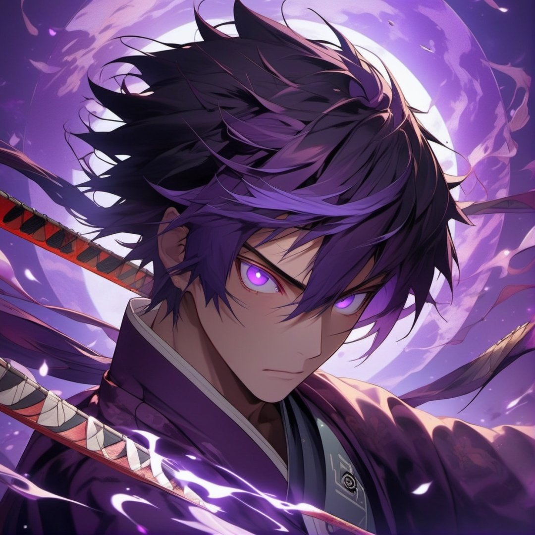 ((masterpiece:1.5)), ((best quality:1.5)), ((highres:1.5)), anime, ((1boy)), ((male_only:1.24)), male_focus, solo, close_up, purple_hair, martial_arts, wuxian, ((glowing_purple_eyes)), 8k,((hyper_fine_ultra_detailed:1.2)), pixiv, midjourney