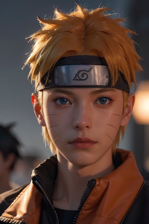 (best quality, masterpiece:1.2), photorealistic, ultra high res, front lighting, intricate detail, Exquisite details and textures, n4rut0, 1boy, (facial mark), solo, whisker markings, forehead protector,spiked hair, (orange hair),looking at viewer, blue eyes, jacket, (konohagakure symbol), short hair, long sleeves, ninja,<lora:n4rut0-02:1> detailed face, professional lighting, photon mapping, radiosity, physically-based rendering,