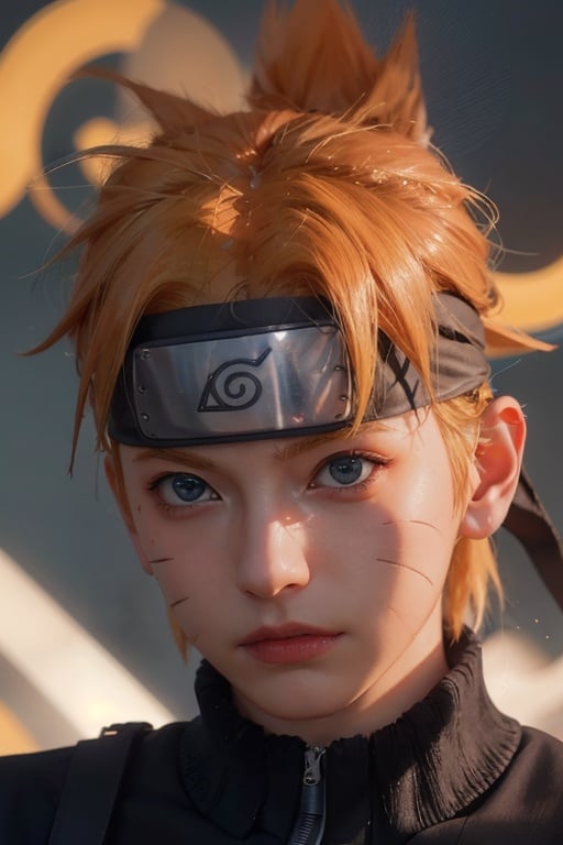 (best quality, masterpiece:1.2), photorealistic, ultra high res, front lighting, intricate detail, Exquisite details and textures, n4rut0, 1boy, (facial mark), solo, whisker markings, forehead protector,spiked hair, (orange hair),looking at viewer, blue eyes, jacket, (konohagakure symbol), short hair, long sleeves, ninja,<lora:n4rut0-02:1> detailed face, professional lighting, photon mapping, radiosity, physically-based rendering,