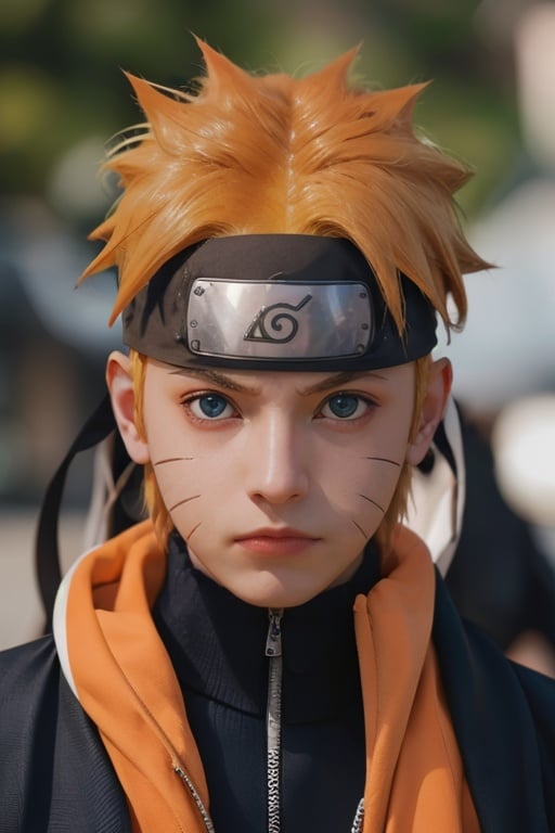 Hyperrealistic art cinematic photo n4rut0, 1boy, (facial mark), solo, whisker markings, forehead protector,spiked hair, (orange hair),looking at viewer, blue eyes, jacket, (konohagakure symbol), short hair, long sleeves, ninja,<lora:n4rut0-02:1>  . 35mm photograph, film, bokeh, professional, 4k, highly detailed . Extremely high-resolution details, photographic, realism pushed to extreme, fine texture, incredibly lifelike