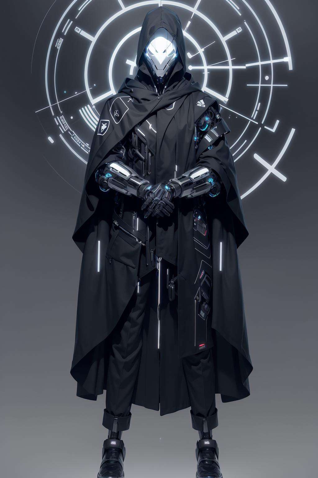 futobot, cyborg, ((masterpiece),(best quality),(ultra-detailed), (full body:1.2),  1male, solo,  hood up, upper body, mask, 1boy, male focus, black gloves, cloak, long sleeves, <lora:Futuristicbot4:0.8>