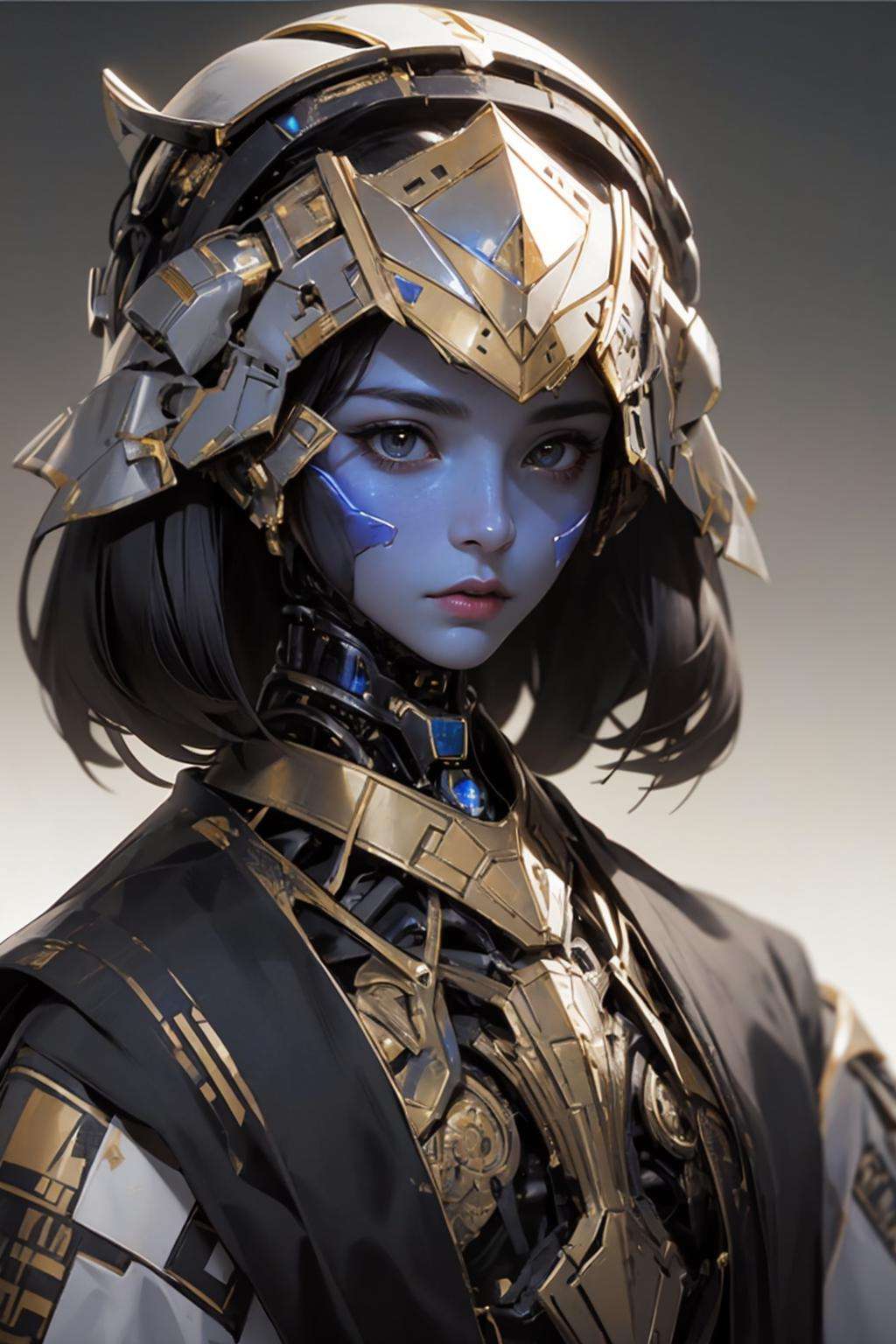 futubot, by issey miyake,  egyptian female cyberspace robot, pyramid,  in the style of detailed hyperrealism, Egyptiancore, gold and dark cobalt blue, strong facial expression, richard bergh, bill gekas, benedick bana  <lora:Futuristicbotv.2:0.7> 