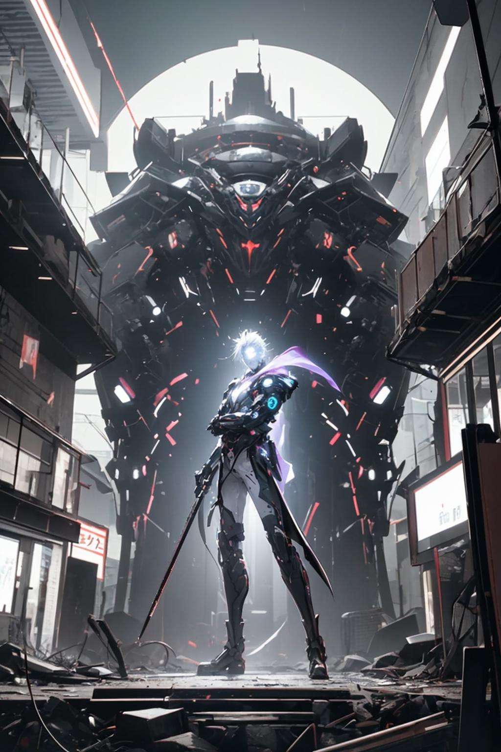 futubot, 8k resolution, depicting various poses and angles in a Japanese manga style, features a man in a standing pose with a robotic body and head, holding a samurai sword. The character is robust and the overall setting is in a cyberpunk, neon-lit metropolis with a dark cityscape  <lora:Futuristicbotv.2:0.7> 