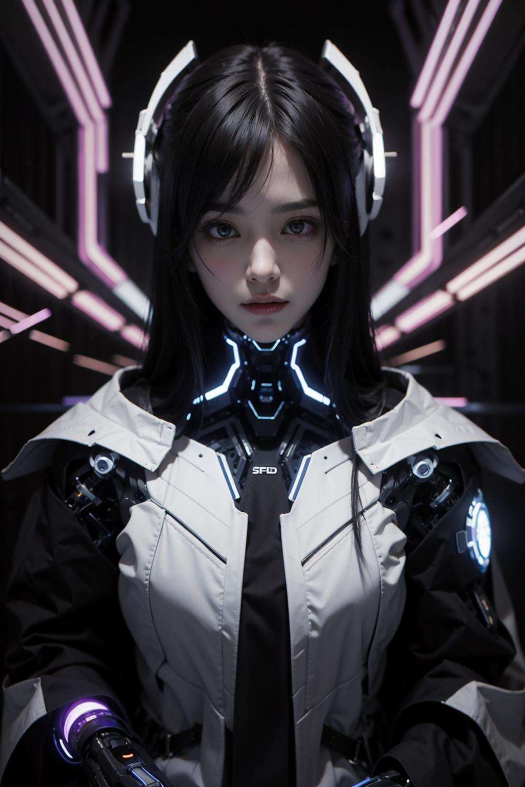 futubot, cyborg,  luminous fully hollowfied ichigo female version in elegant scene,colossal, cyberpunk, blacklight purple black  <lora:Futuristicbotv.2:0.7>  