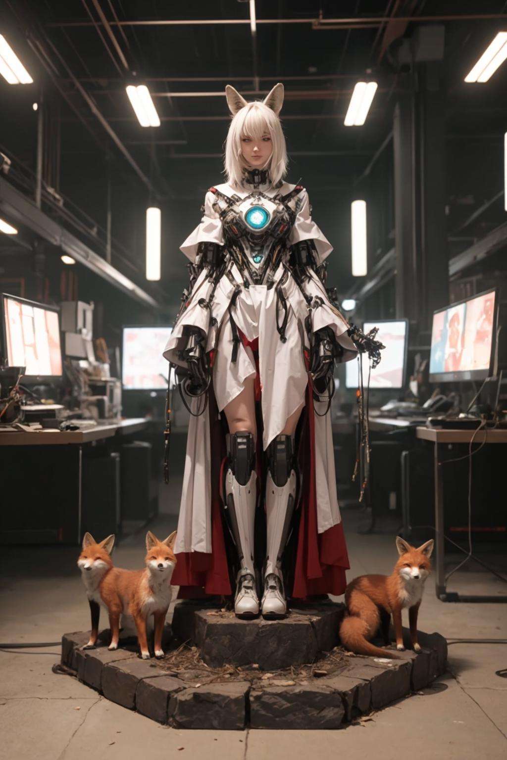 futubot, cyberpunk shrine maiden with fox ears and fox tails, dark white and bold red colors, natural lighting, robot fox companions, center of image, background futuristic shrine,  <lora:Futuristicbotv.2:0.7> 
