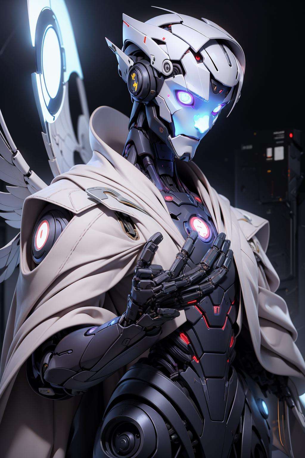 futubot, (masterpiece, best quality:1.3),extremely high detailed, 1male robot wearing cloak, (white cloak:1.2), god of war,  intricate, 8k, HDR, wallpaper, cinematic lighting, (universe), ), (fighting other characters:1.2), glowing, armor, glowing eyes, mecha, large wings,  <lora:Futuristicbotv.2:1>  