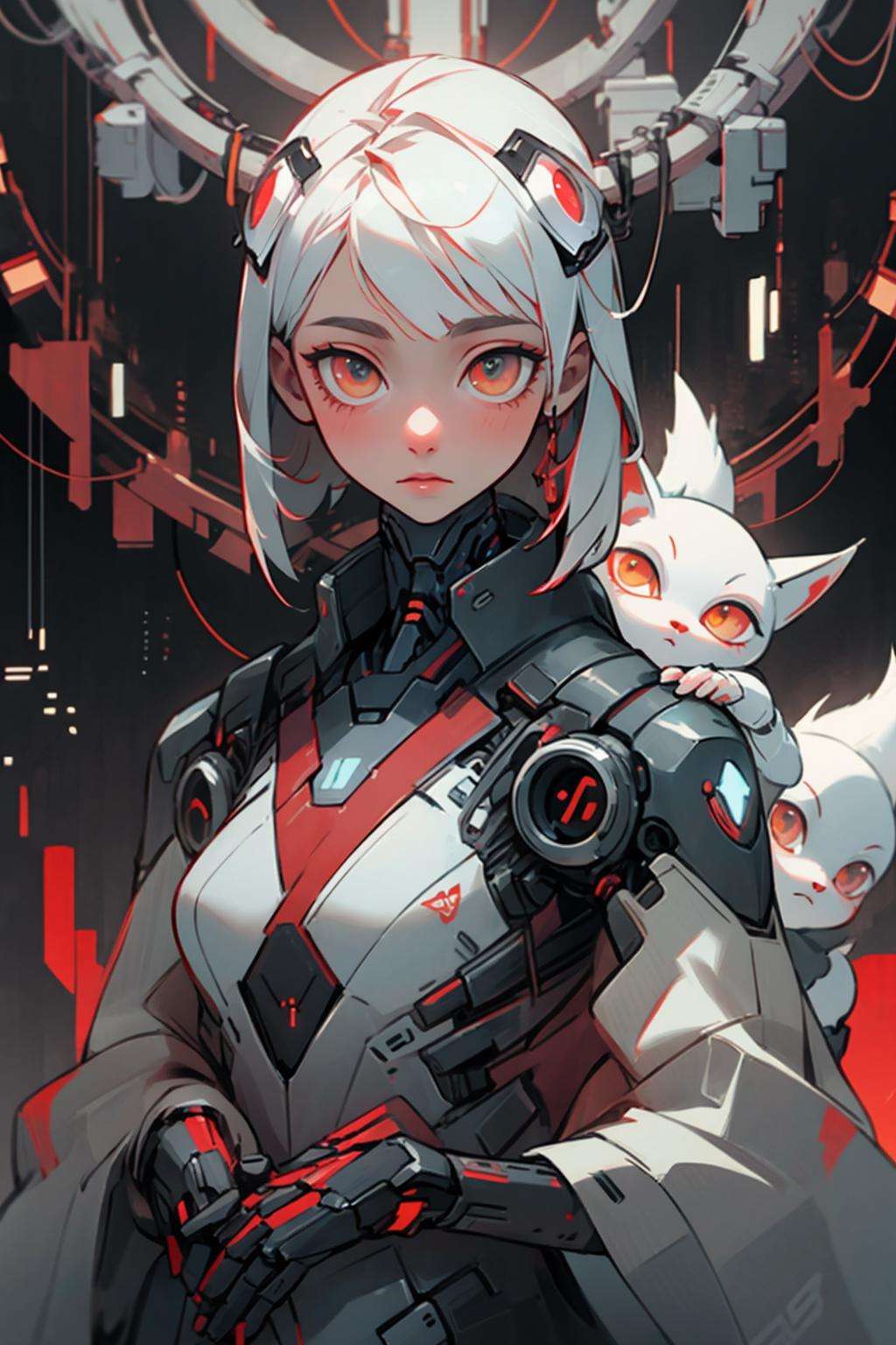 futubot, cyberpunk fox spirit surrounded by robot foxes, bold red and dark white colors <lora:Futuristicbotv.2:0.7> 