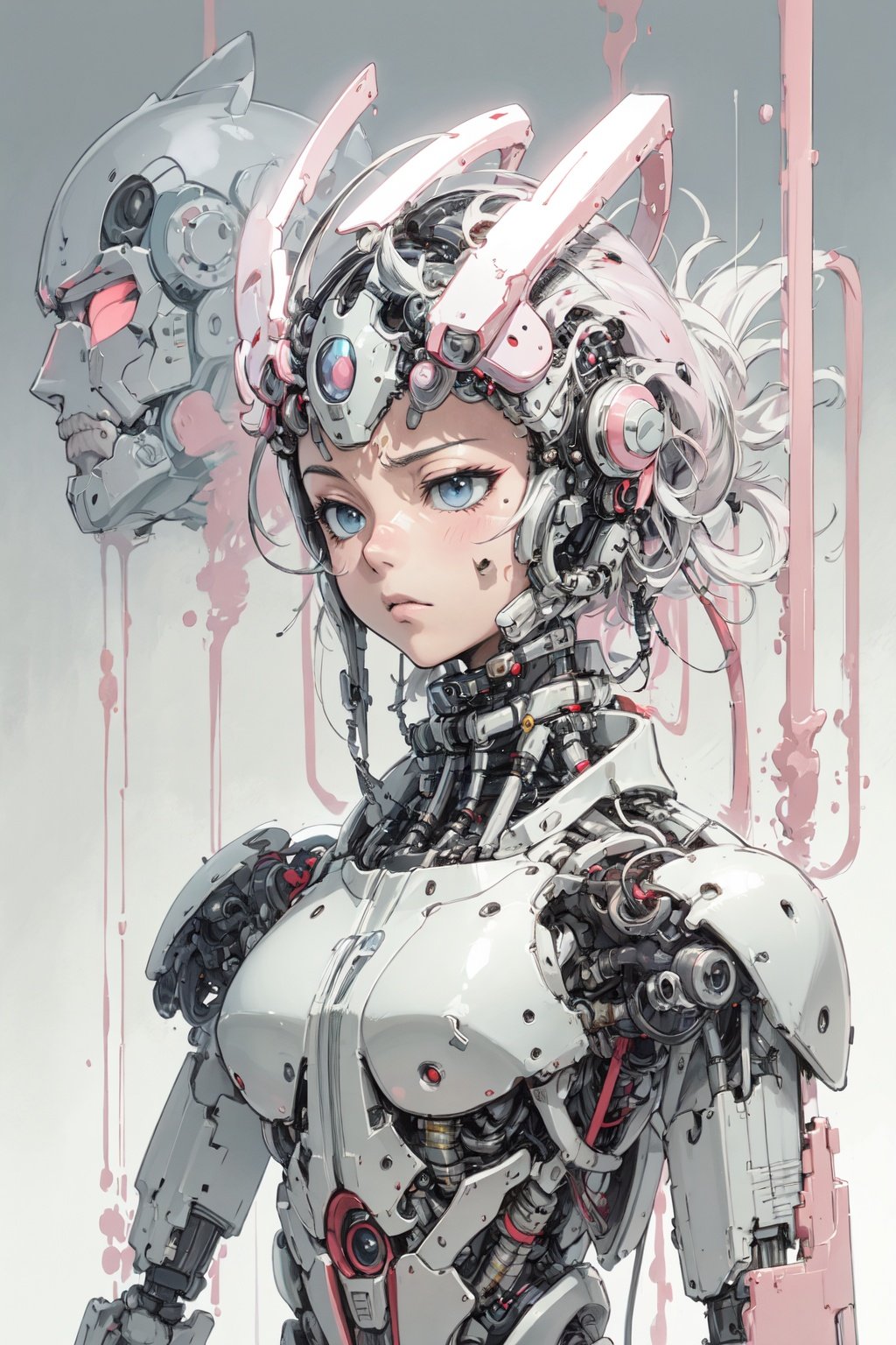 The transformation of Manga into Photographic, cybernetic robot, pastel colors, in the style of Tsutomu Nihei, minimalism