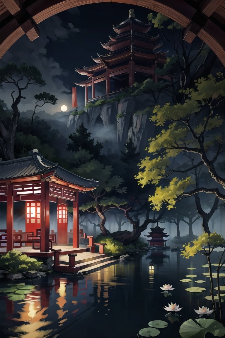 Chinese martial arts style, large area sky, ink style, outline light, atmospheric atmosphere, depth of field, mist rising, lake water, lotus flowers and leaves, small boats, pine trees, octagonal stone pavilions, arch bridges, night view,(No color)