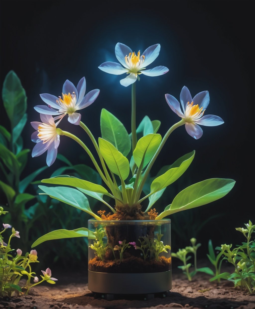 In this world, there is a magical plant that blooms only on the night of the full moon, Nixie tube, use filter photography, photo grade, 16k, hyper quality