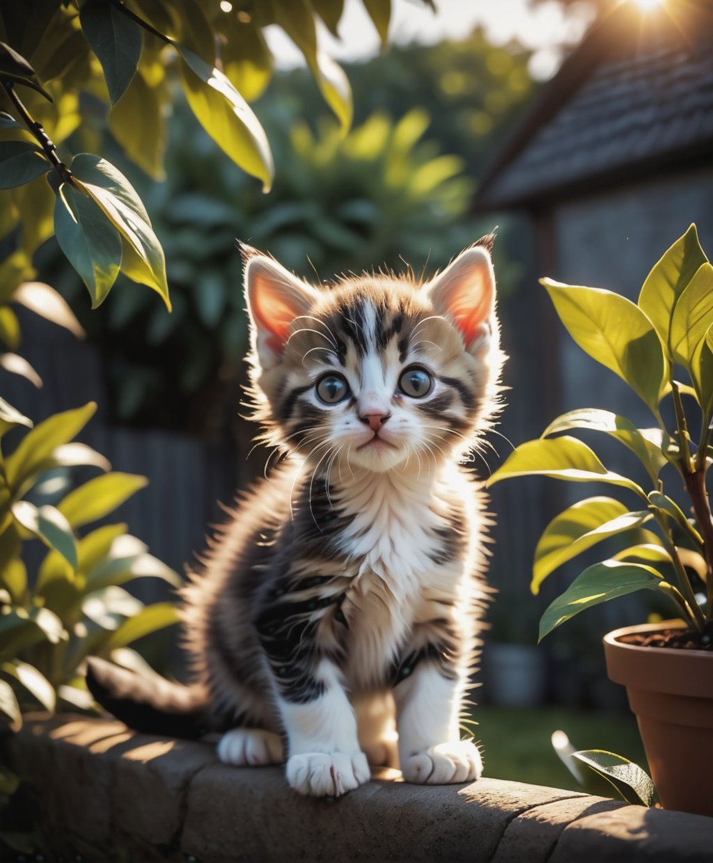 A kitten is looking down on the garden from the tree, Dark moody lighting, track photography, mosaic style, 4K, hyper quality