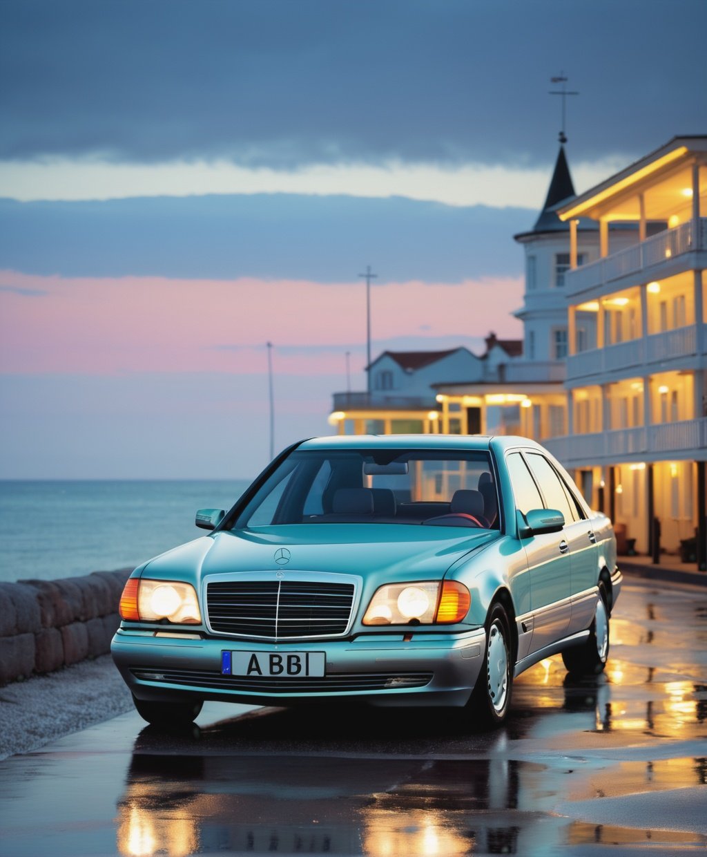 mercedes benz w140 at the seaside, muted tones, neon