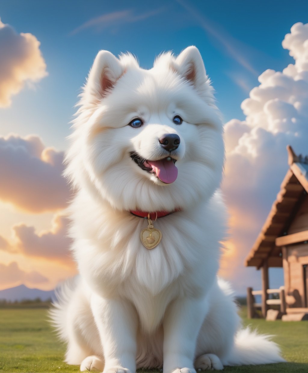 A super cute dog samoyeds, surreal style, chubby face and white hair, fluffy, very sweet smile, big eyes, in the clouds, very beautiful sky, came to, general features, suitable horse 35 mm focal length lens, film lights, film lights, soft focus, beautiful background, Oc rendering, 3 d, 8 k, high-definition, super details,