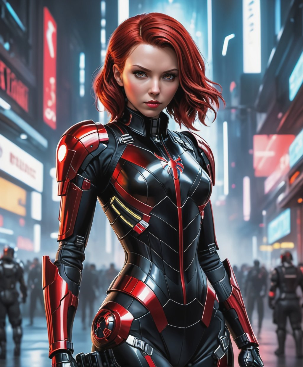 A Hi-Tech cyberpunk style red black black widow suit, Custom design, shining body, glowing look, looking at camera, full shining suit, body, hues, steampunk style, cyberpunk style ,mecha, perfect custom Hi-Tech suit, holding sword, weapon master, hyper detailed,