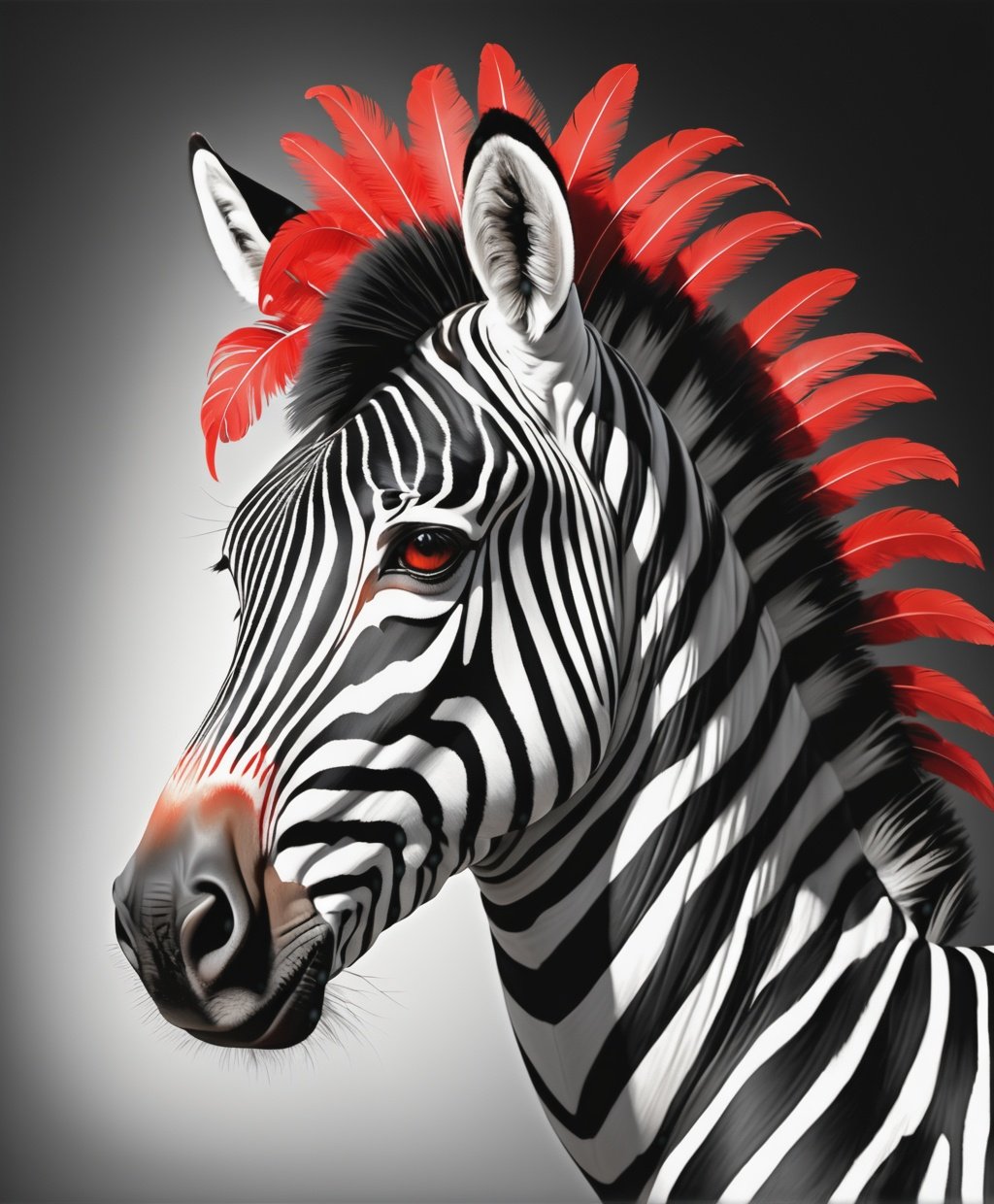 A black and white zebra with a bright red feather, Rembrandt Lighting, rococo style, 16k, high detail
