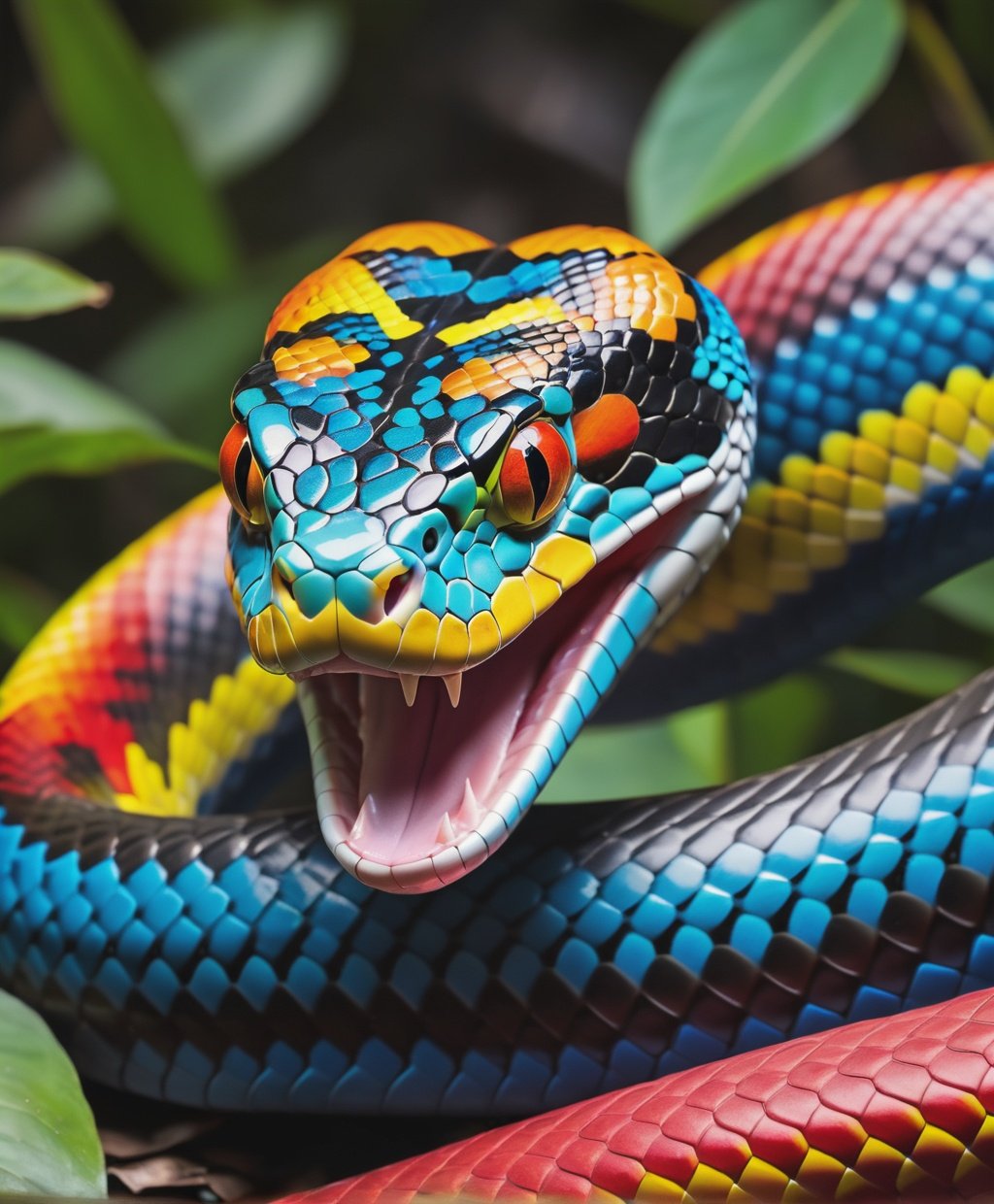 Close up shot, Bold and Vivid colored rainbow Snake and sticking out like forked tongue