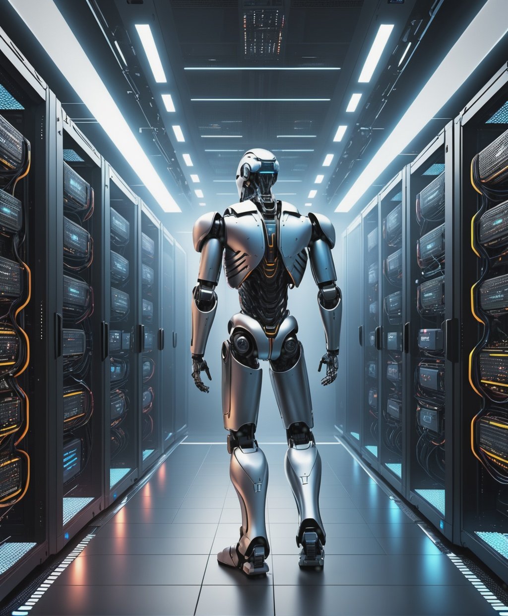 futuristic data center with robots and racks of computers, cyberpunk, terminator, the rise of Artificial Intelligence, realistic