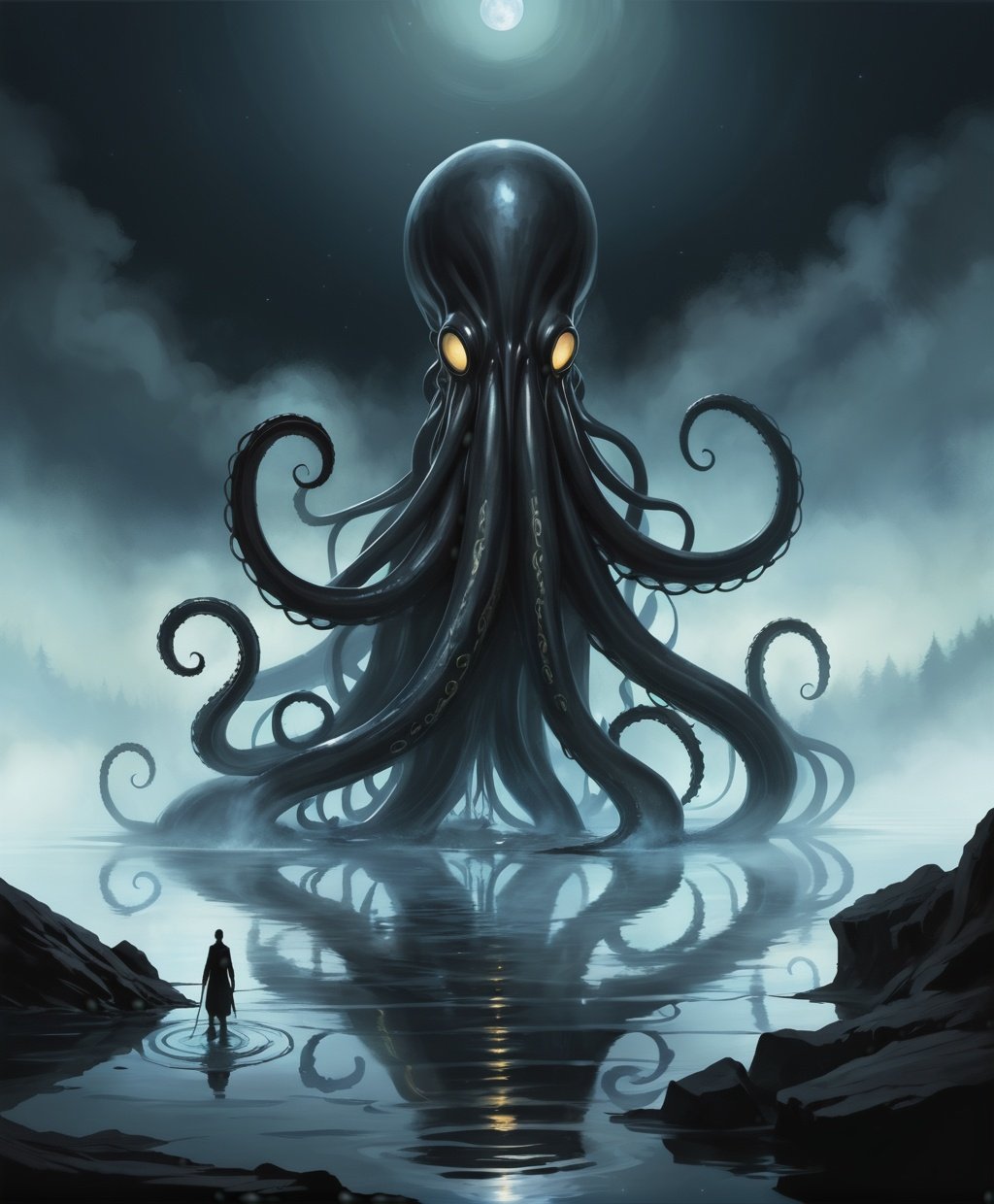digital painting, single long thin tentacle reaches out from an oily black lake, fog and moonlight, eldritch grimdark