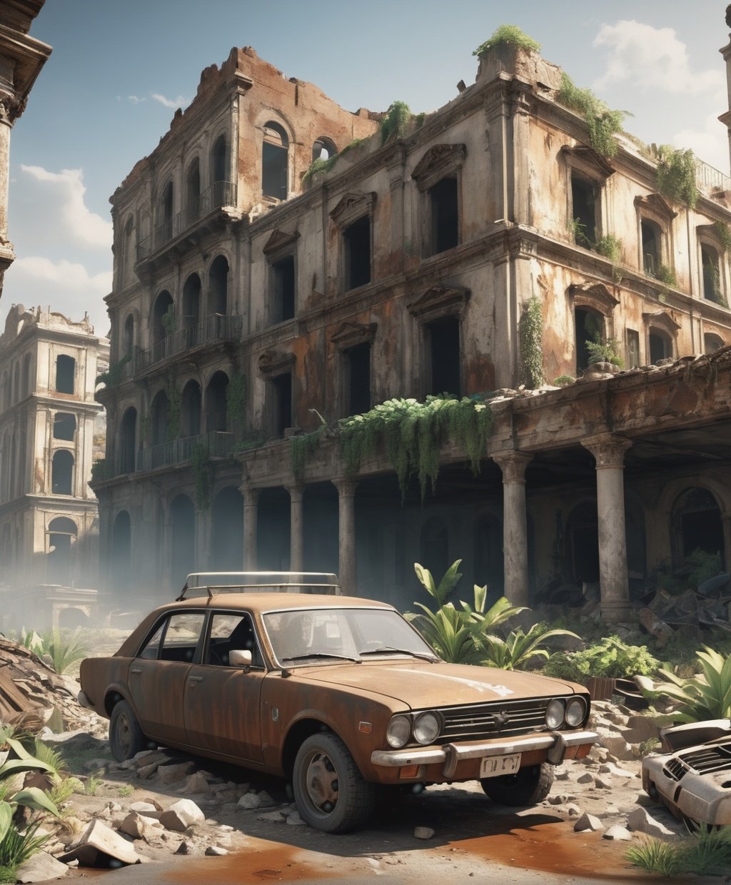 Plants, rusting cars, dust, bones, doomsday scenarios, city ruins, vistas, 4K HD,