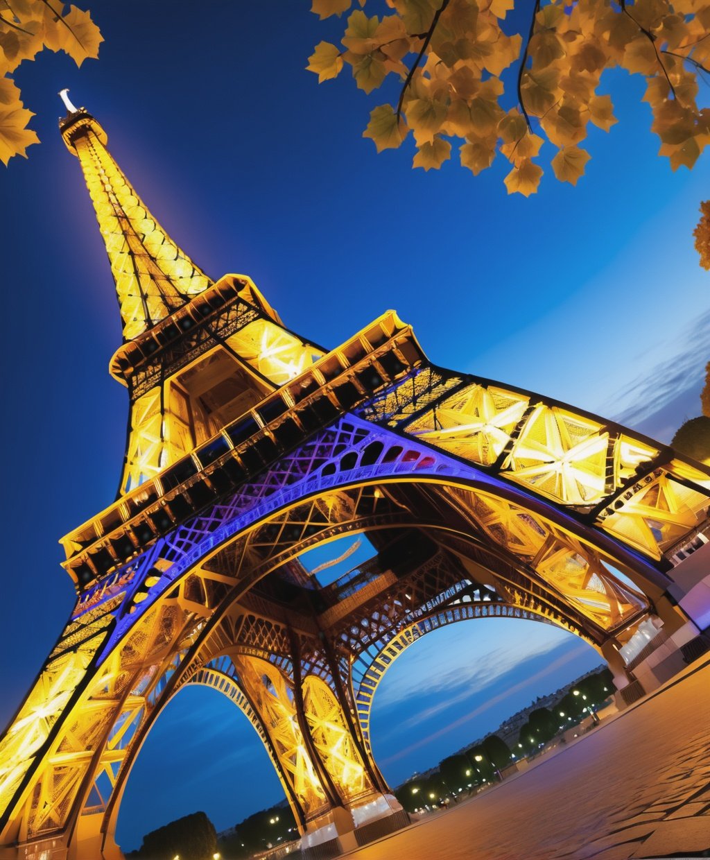 The Eiffel Tower glows in the evening light, wide light, knitted style, 32K, high resolution